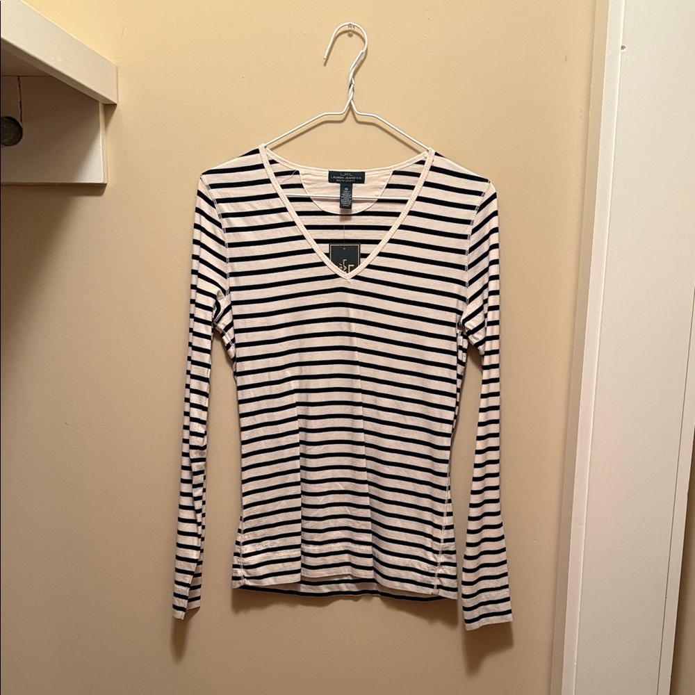 Lauren Ralph Lauren Black and White Striped V-Neck Long Sleeve Top